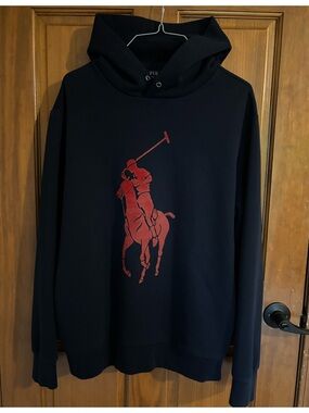 Ralph Lauren Navy Blue  Hoodie with Red Polo Player Graphic